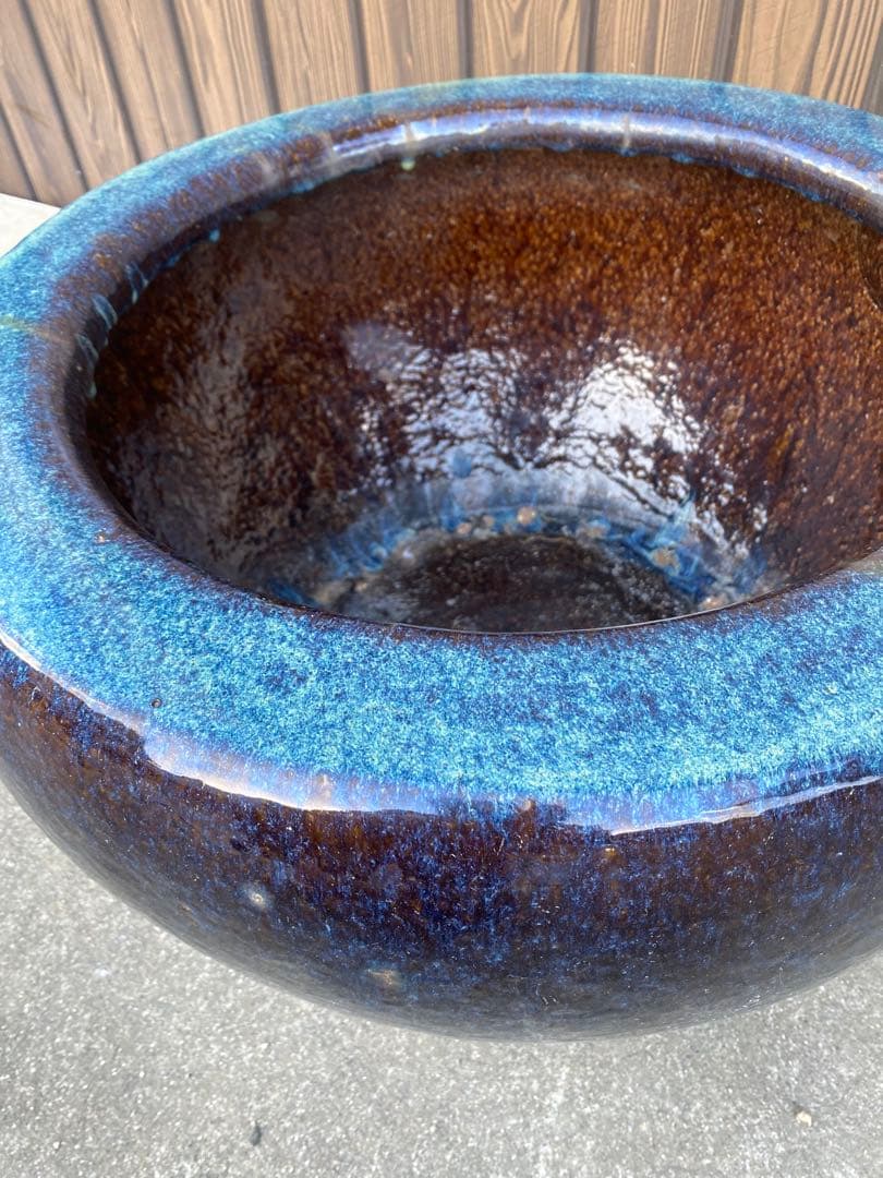 火鉢 陶器 海鼠釉 アンティーク 骨董 金魚鉢 特大 睡蓮鉢 メダカ 鉢カバー