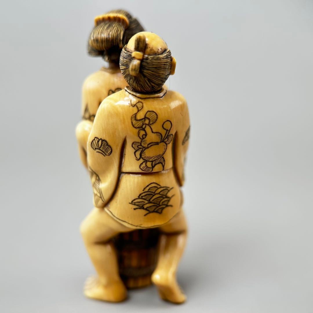 浮世絵二人の人物像 彫刻極上根付天然素材アンティーク骨董飾り物古美術