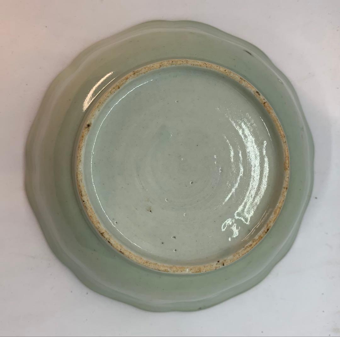 古伊万里焼の青磁色絵 山水栗文 輪花鉢 美術品・アンティーク