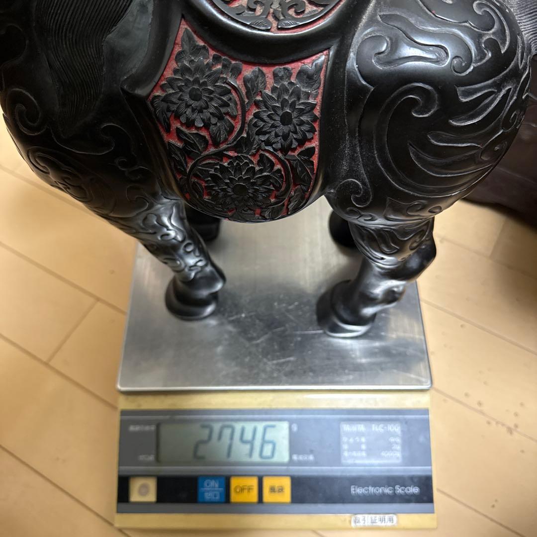 美品!堆朱堆黑馬細密彫刻縁起物置物唐物漆芸中国美術時代物