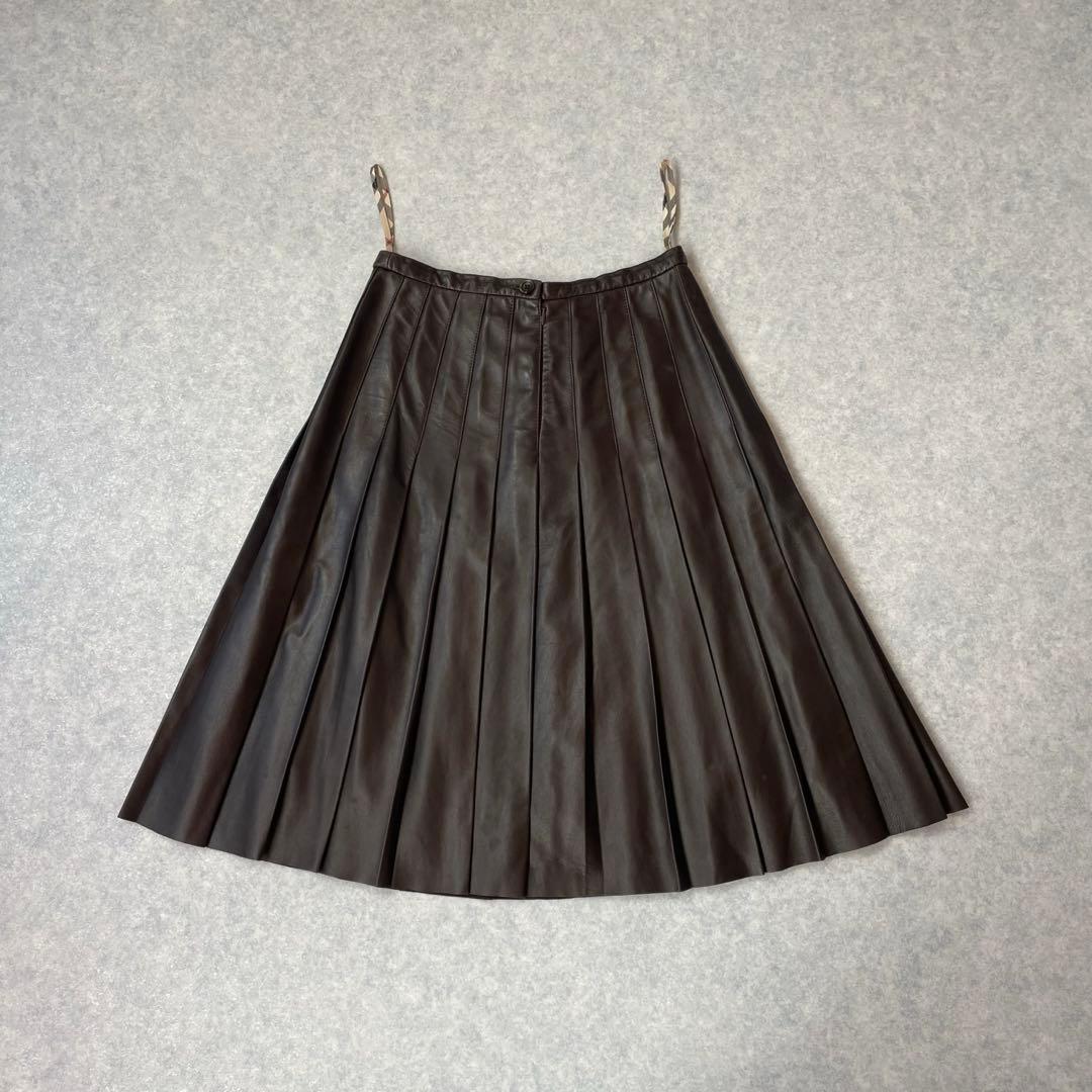 上質 バーバリー ロンドン ラムレザー プリーツスカート ダークブラウン UK6