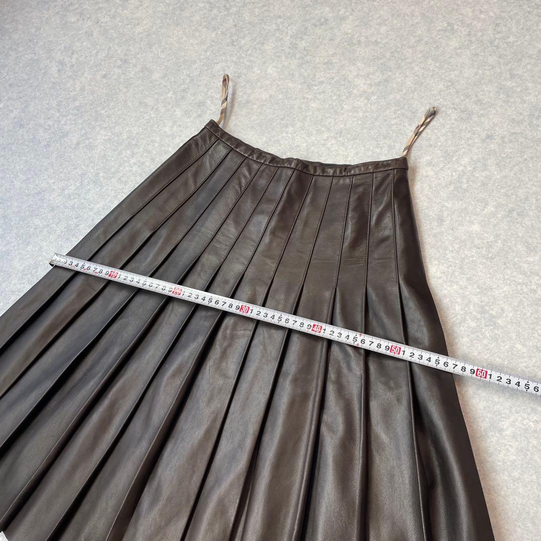 上質 バーバリー ロンドン ラムレザー プリーツスカート ダークブラウン UK6