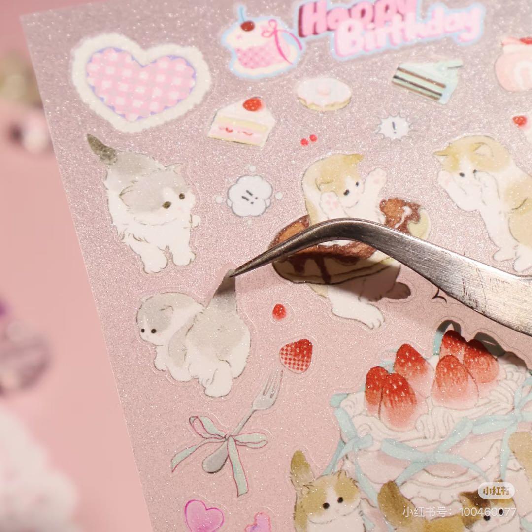 9088】海外 マスキングテープ5m巻 ラメ加工カッティング猫 ケーキ 動物