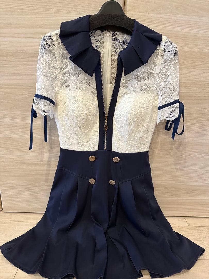 an ネイビー レース袖 Aライン キャバドレス