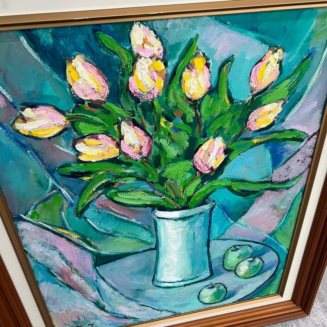 アンティーク インテリア チューリップ りんご 油彩画 J.J