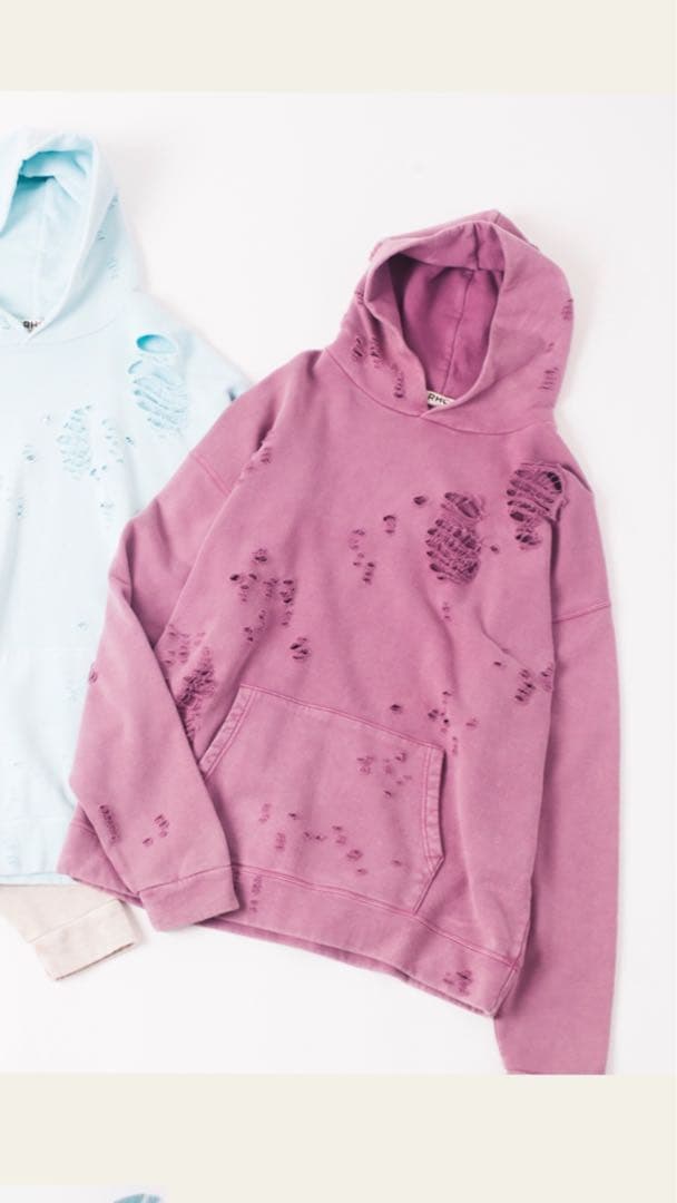 オーバーサイズRHC ダメージ加工 フード付きパーカー ピンク