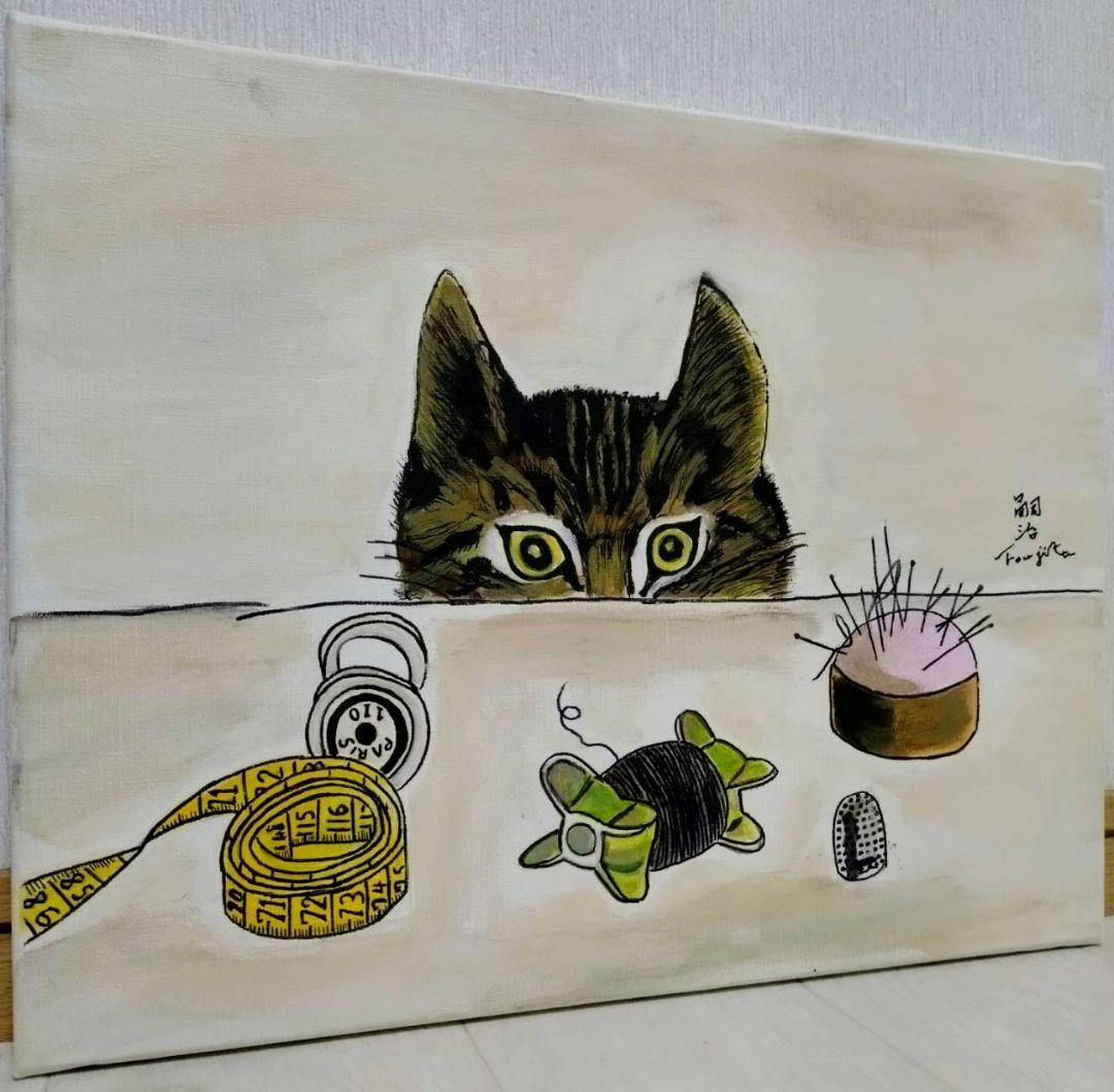 F6号】藤田嗣治【仕立て屋の猫】手描き/表裏サイン・鑑定書有/油彩