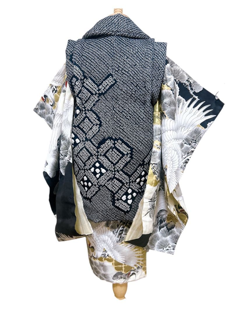 総絞り被布♡アンティーク着物　七五三　3歳　男の子　フルセット　一式　鶴　黒