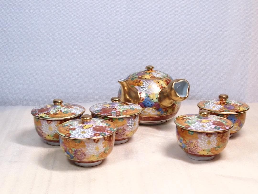 未使用】九谷焼 九谷光峰 花詰/菊詰 金彩 茶器揃 5客 湯呑茶碗/急須