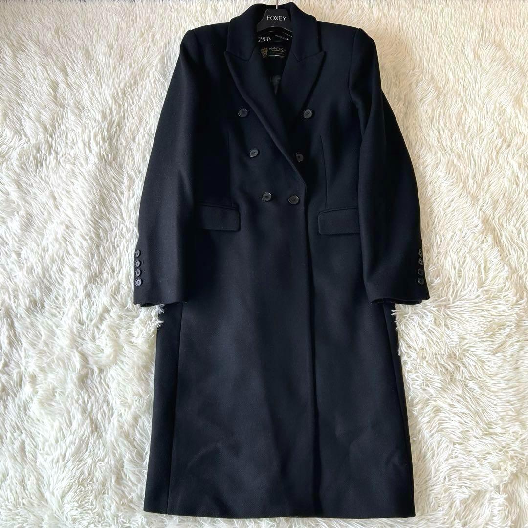 ザラZARAマンテコMANTECO ダブルブレスト ロングチェスターコート 黒