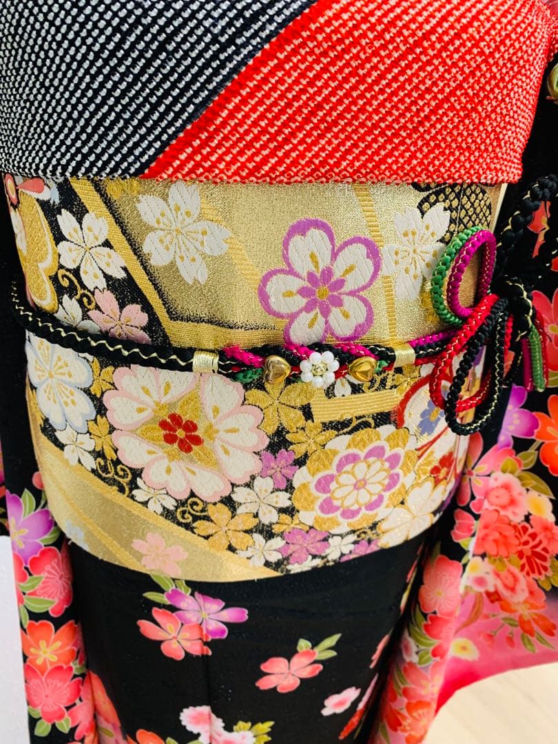 振袖 フルセット袷 正絹 銀通し 金駒刺繍 黒地 赤 ピンク 成人式 結婚