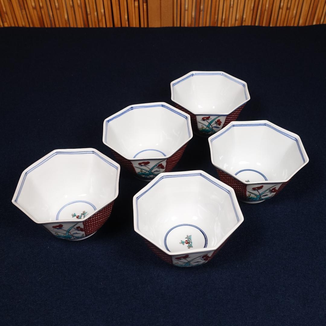 九谷焼 堀江青光 九谷聖城窯 牡丹割取 八角小鉢 5客 共