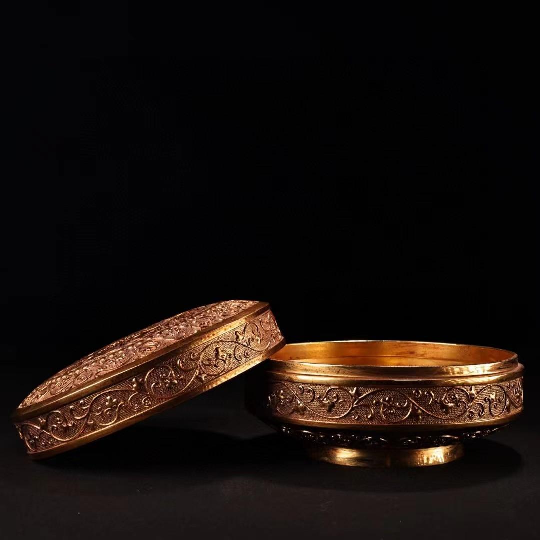 中国古美術・旧藏紫銅鎏金龍の首飾箱・細密彫・純手作り・高浮彫・文房