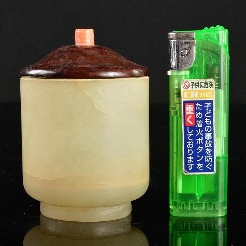 中国 玉石白玉彫刻 煎茶碗 赤珊瑚摘唐木蓋 M R5351 中国 玉石白玉