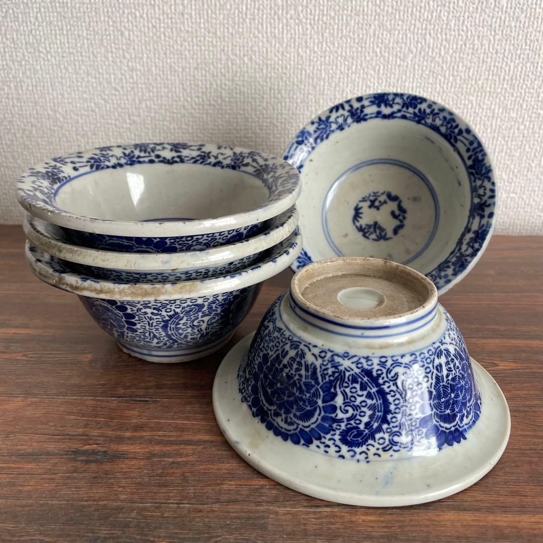 江戸後期〜明治初期 古伊万里 染付鉢 5枚揃い 深鉢 時代物 骨董