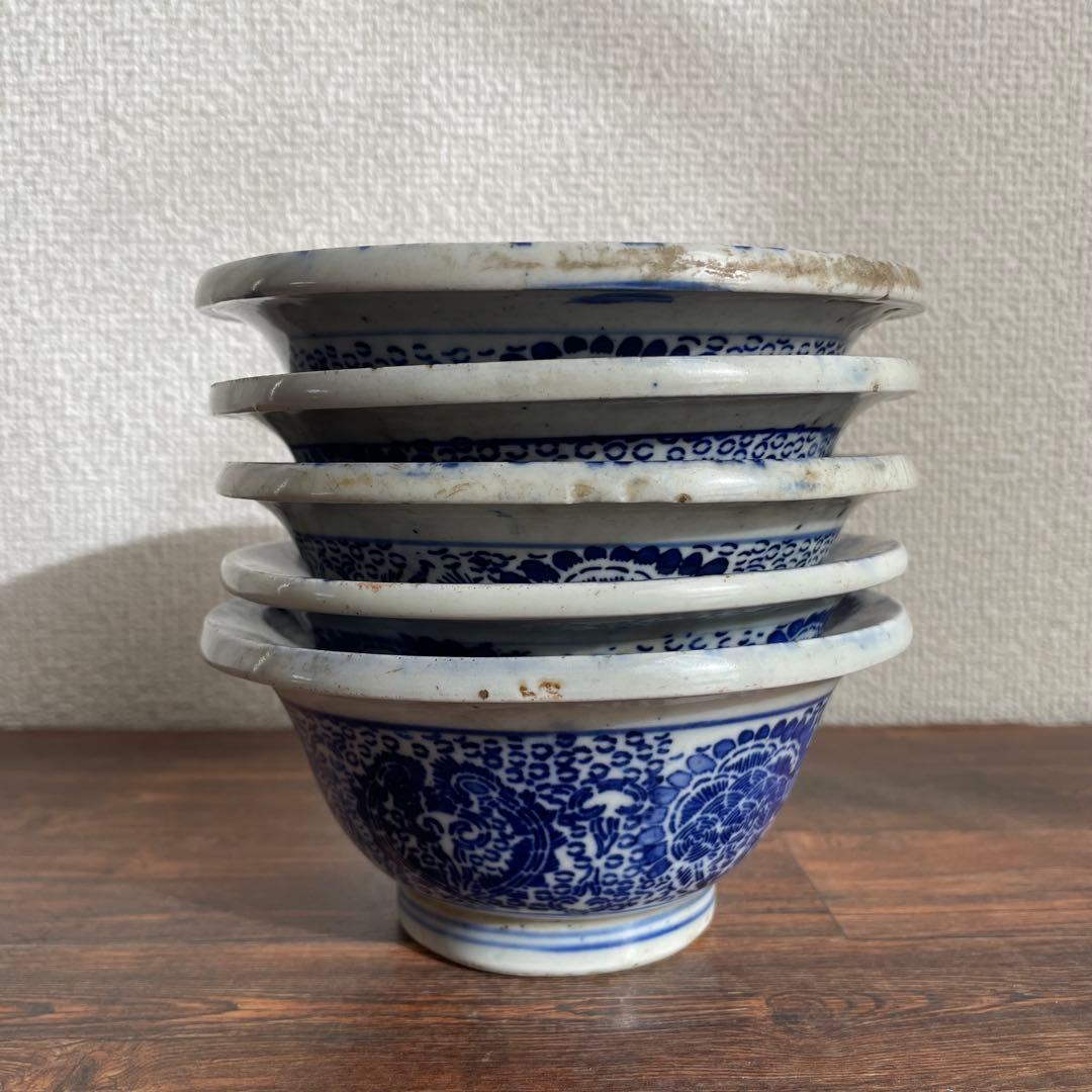 江戸後期〜明治初期 古伊万里 染付鉢 5枚揃い 深鉢 時代物 骨董