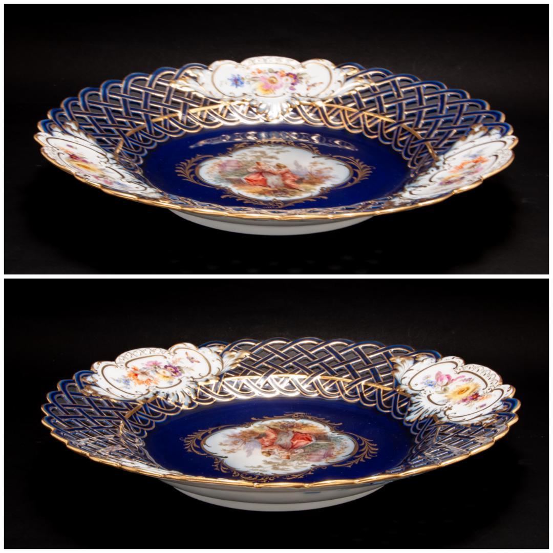 古マイセン 金彩 ワトー恋人文 コバルトロカイユ窓 透かし絵皿 直径 29cm