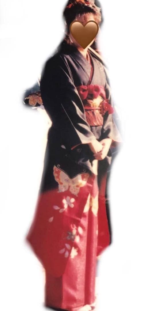 振袖 6点セット 黒と赤のラメ入りグラデーション 蝶と花 成人式