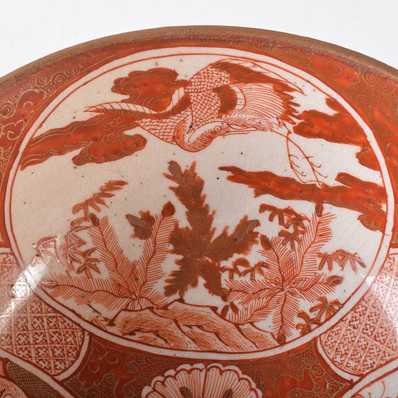 九谷焼 古九谷 赤絵金彩 窓絵 人物花鳥文 三ッ組鉢 時代箱付 U R8370