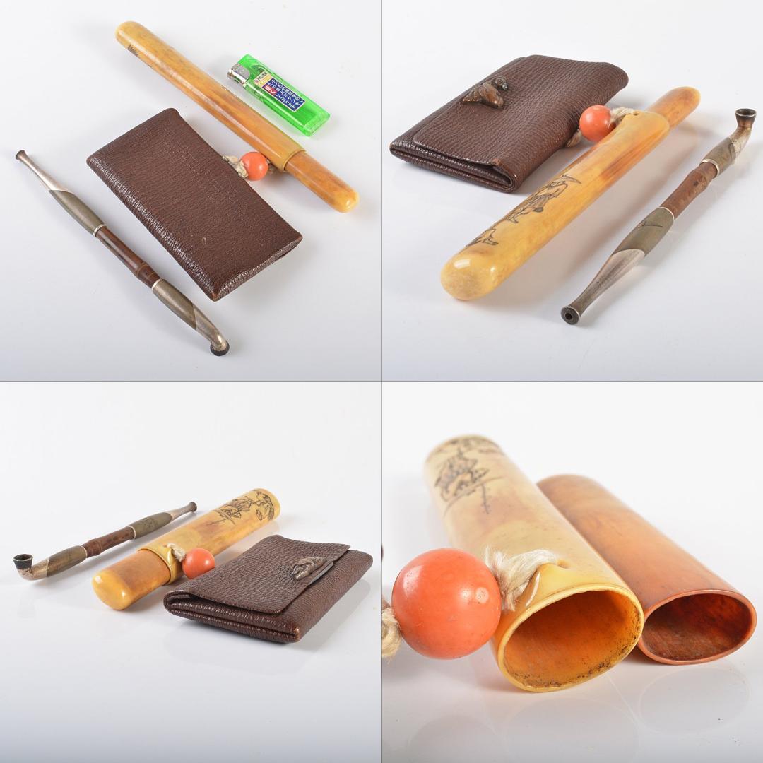 eee様専用 彫金鳥文斑竹羅宇配管獣骨製人物刻配管入