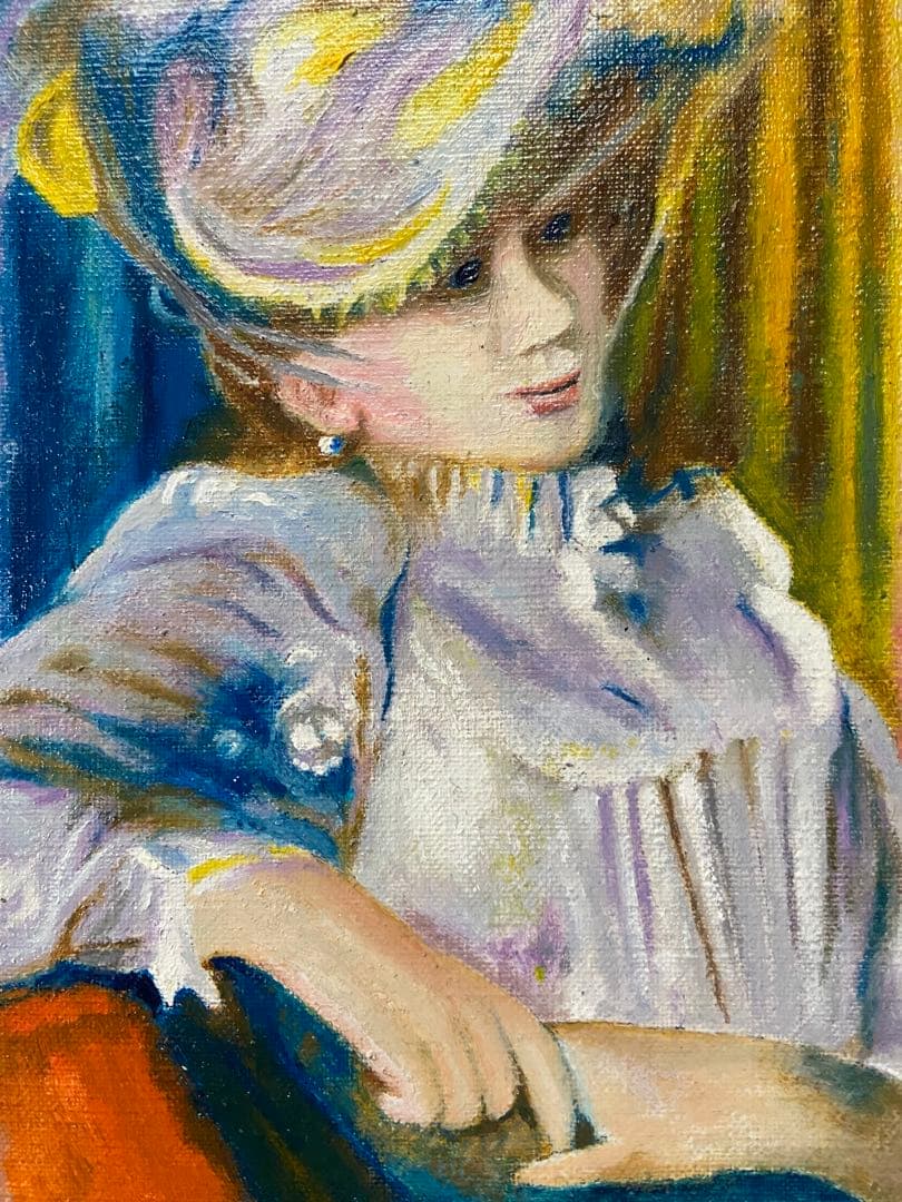 ルノワール　肉筆手描きの油絵模写画　帽子の女