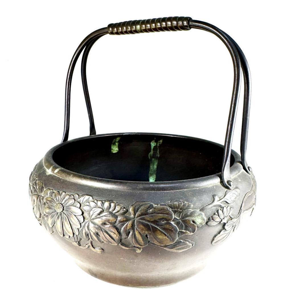 明治時代京都 森田山陽作 古銅花文提梁花器 在銘 古美術 ウブ品 WWST027