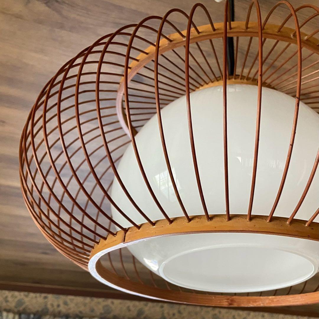 竹細工 天井照明 ペンダントライト 硝子シェード 和モダン 昭和レトロ