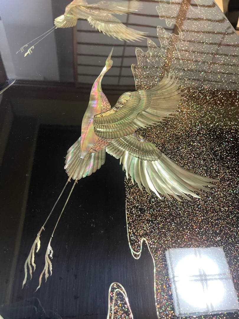 螺鈿細工 鶴 松 木製漆塗り 大型座卓 センターテーブル 黒 ビンテージ