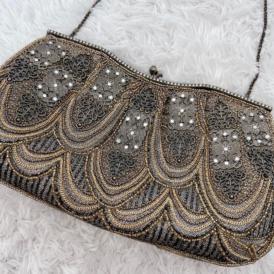 【極美品】LUMYルミーはしもと がま口ビーズバッグ ブロンズ 皇室御用達