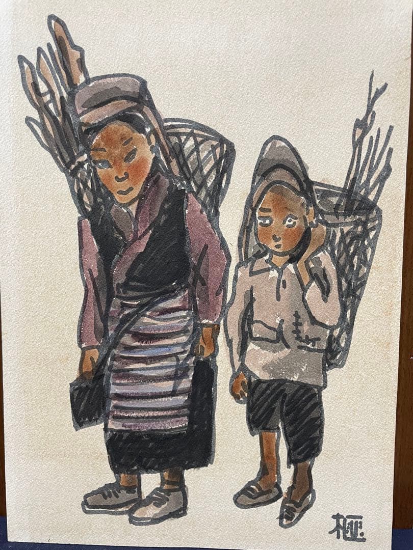 熊谷榧『たき木取りの姉弟』紙＋水彩画 原画 作品寸法約F5 1点もの 真作保証