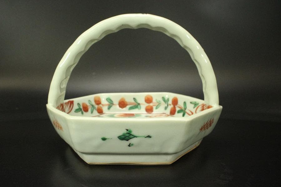 奥田穎川写 赤絵 手付鉢 三浦竹泉作 在印(ZE614)