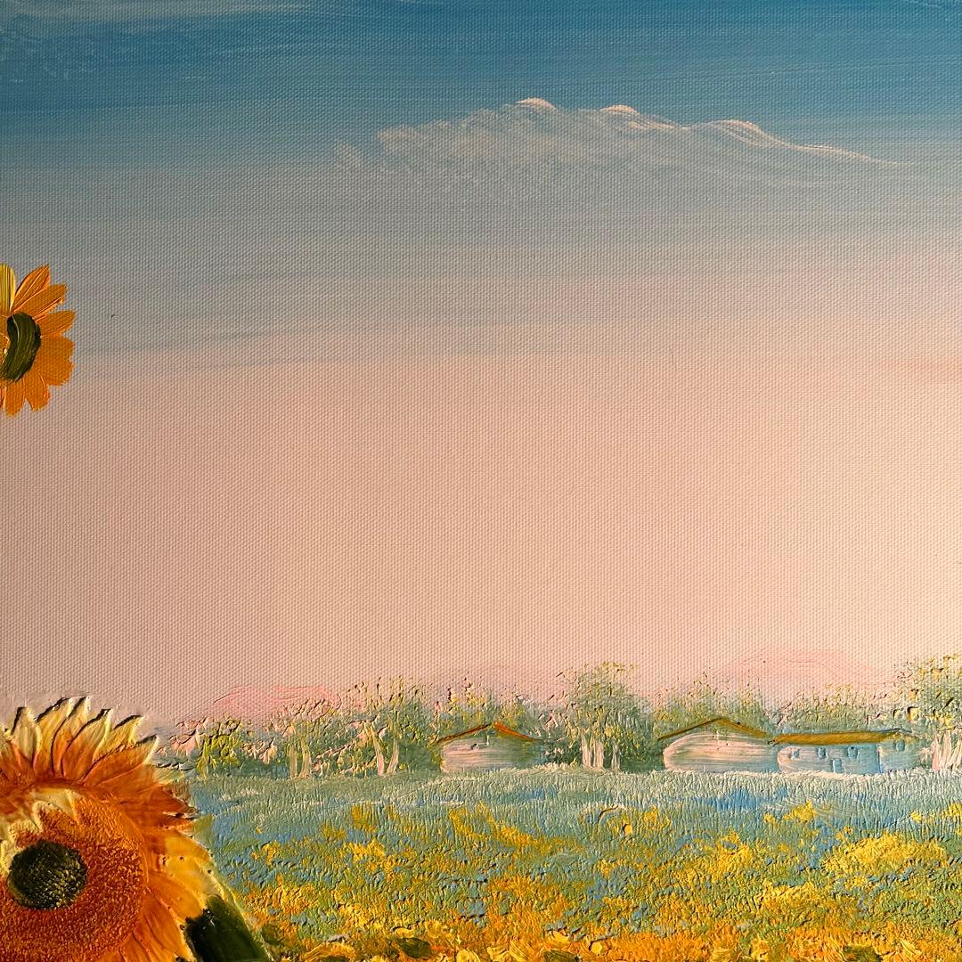 ★特大秀作★ 手書き油絵 ひまわり畑 肉筆絵画 額付き インテリア 油彩画