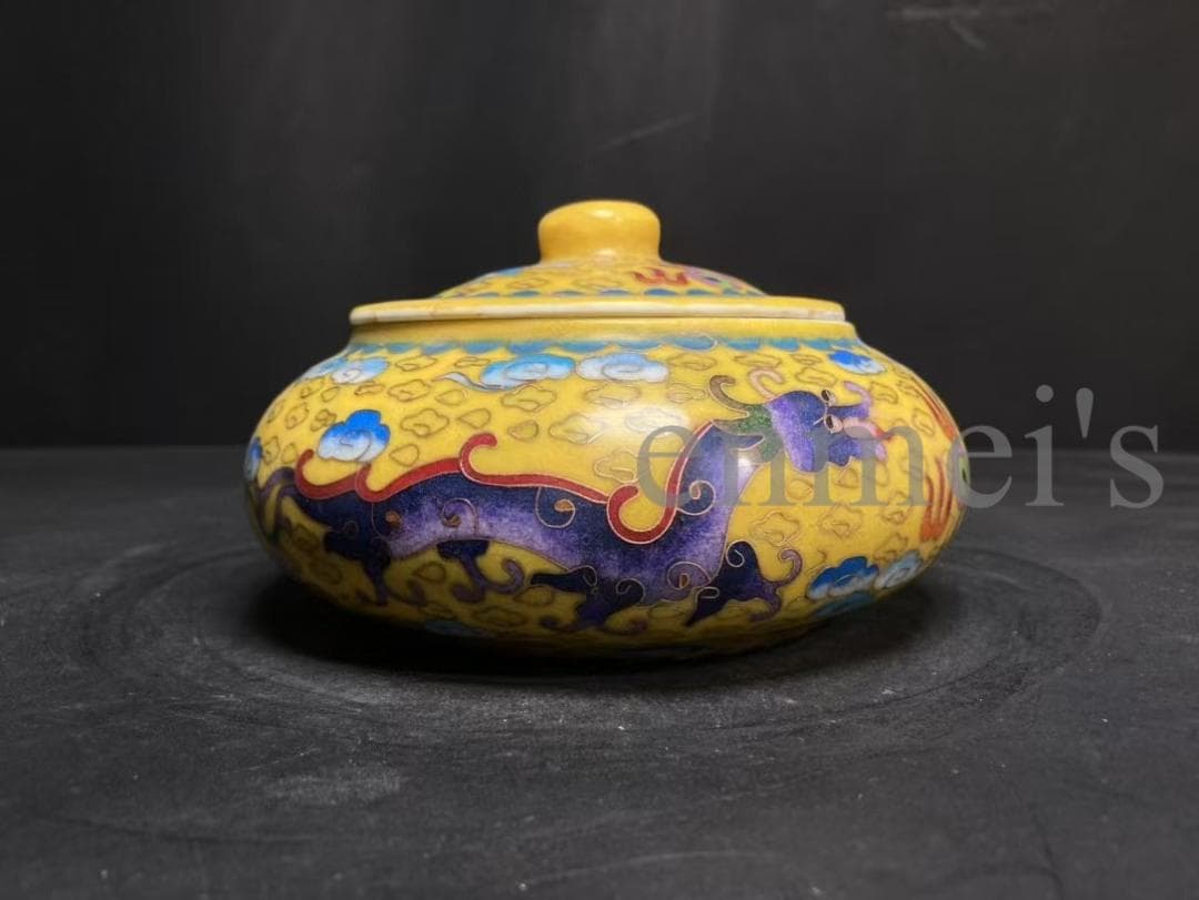 中国古美術・大明成化年製款・掐絲琺瑯龍雲文囲碁罐・蓋付飾壺・陶器・文房置物・風水 中国古美術・大明成化年製款・掐絲琺瑯龍雲文囲碁罐・