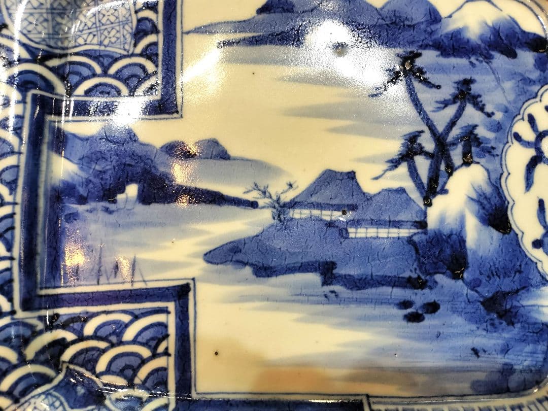 お値下げしました、古伊万里　染付　波千鳥　角皿