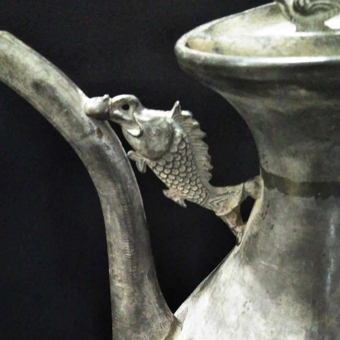 中国古美術/古錫魚飾蓋付水柱/清代/