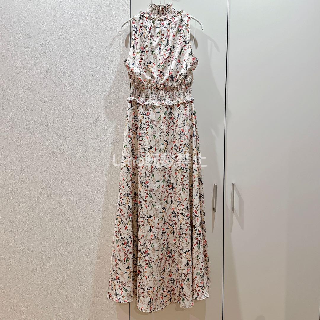 ERUKEI ハイネックフリル フラワープリント Aラインロングドレス