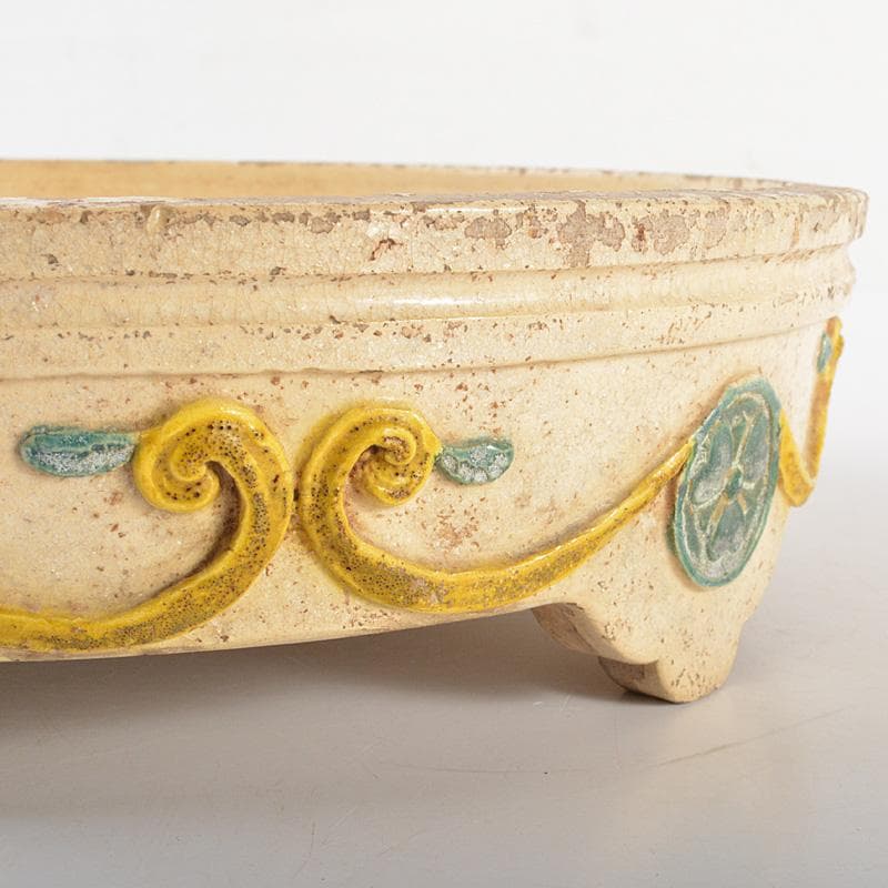 讃岐源内焼 三彩 陽刻唐草文 水盤 直径約32cm V R6773 美術品