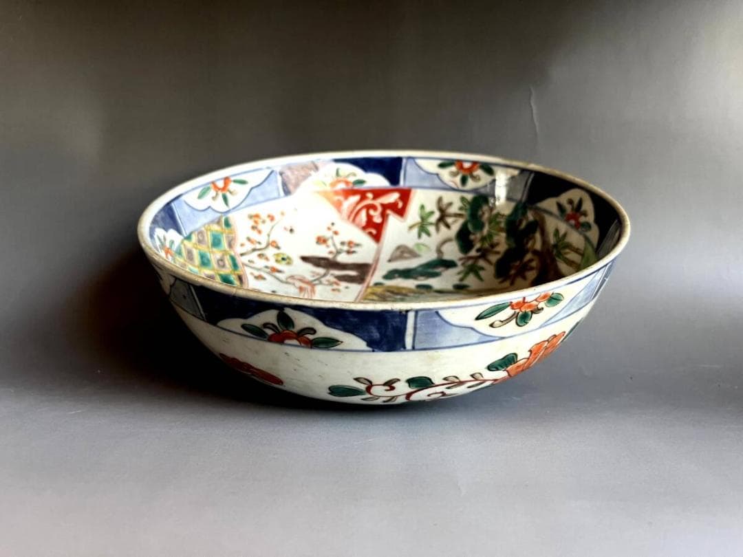 大鉢□赤絵 伊万里 錦絵 鶴亀 松竹梅 鳥 花唐草 古美術 時代物 骨董