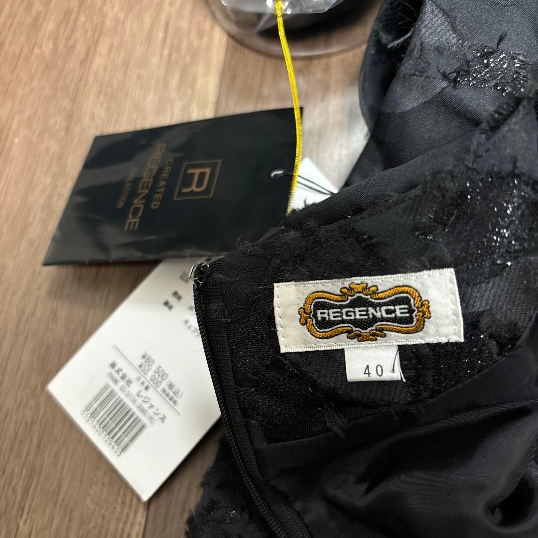 新品タグ付定価6万円レジァンス ジャガードワンピース 高級素材コサージュ付L黒