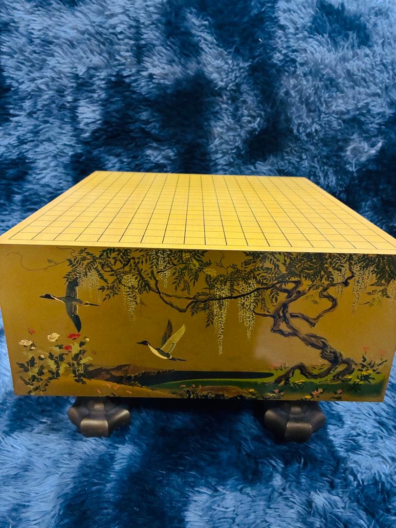 【野畑直子】作 金地漆絵四季花鳥図碁盤 碁笥 本蛤那智黒碁石 約42x45cm