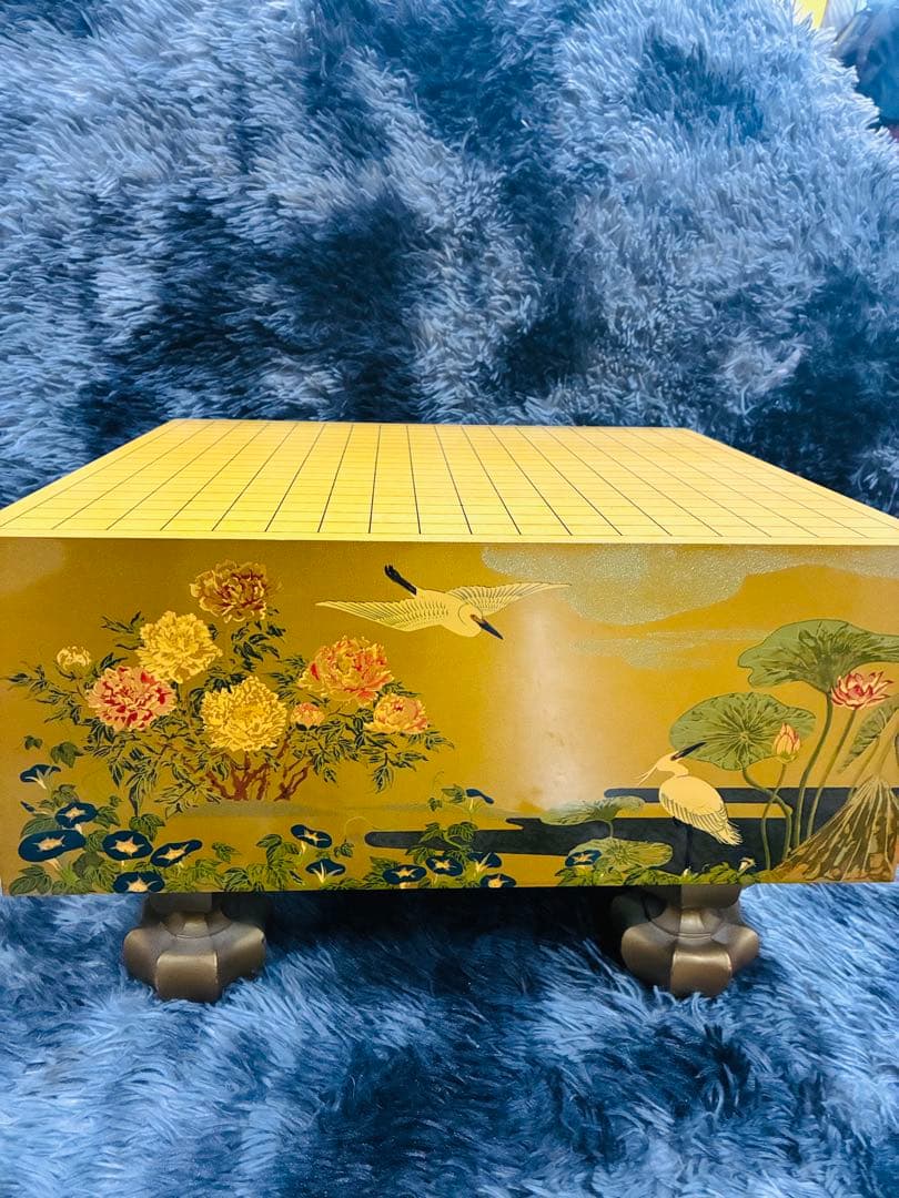 【野畑直子】作 金地漆絵四季花鳥図碁盤 碁笥 本蛤那智黒碁石 約42x45cm