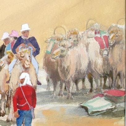 絵画「シルクロード～ 鳴砂山のラクダ」　水彩画