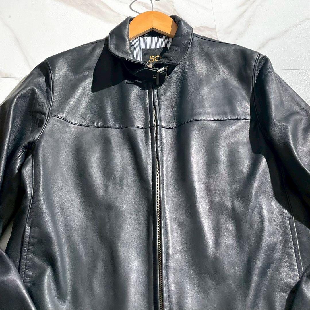 美品】チンクワンタ レザージャケット 羊革 ネイビー ストライプ シングル