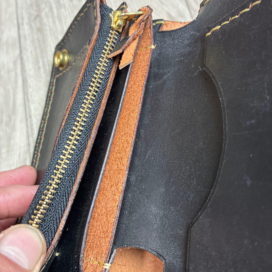 【茶芯ブラック】トラッカーウォレット　ミドル　真鍮　お札を折らずに収納