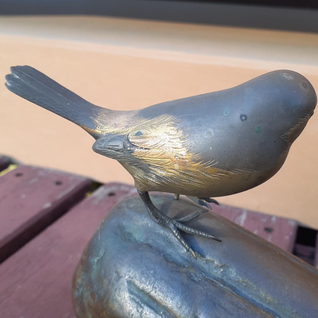 アンティーク　鋳銅製　岩上に文鳥　オブジェ　ブロンズ　時代物　コレクション