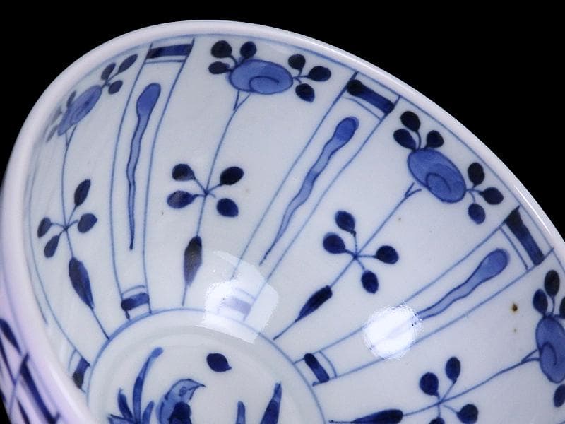 古伊万里 染付 芙蓉手 花鳥紋の図 大振蓋茶碗 F319AS-CXz