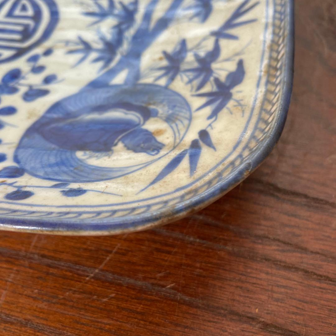 古伊万里染付鶴亀松竹梅四方皿 江戸時代　茶碗2点