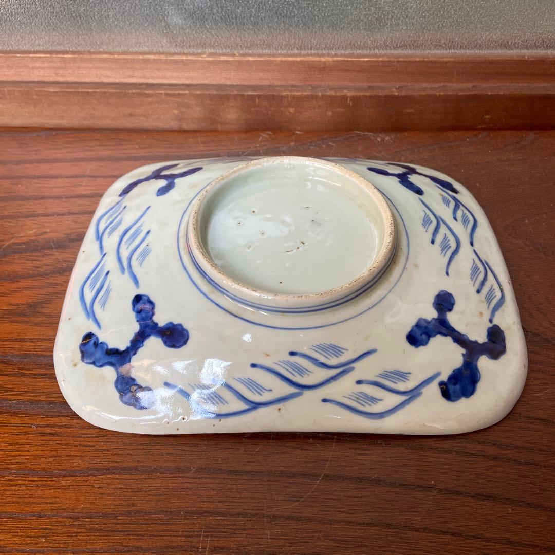 古伊万里染付鶴亀松竹梅四方皿 江戸時代　茶碗2点