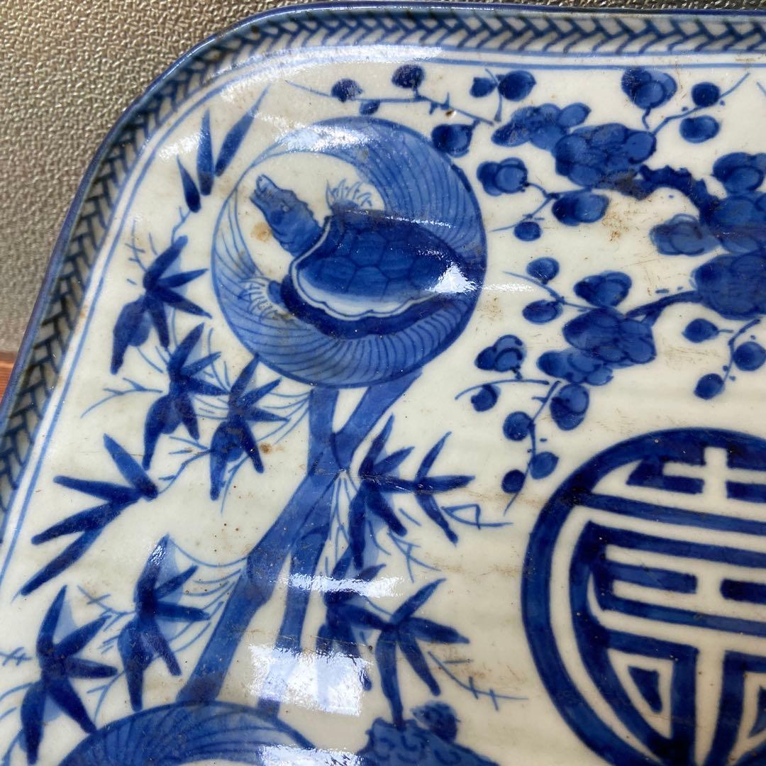 古伊万里染付鶴亀松竹梅四方皿 江戸時代　茶碗2点