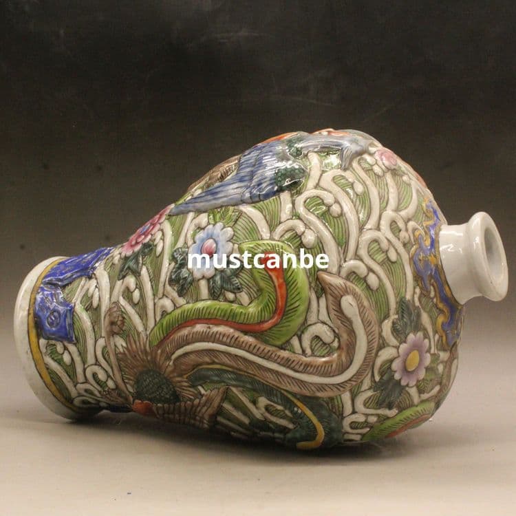 清道光彫刻パステル鳳紋梅瓶 景徳鎮 陶磁器 装飾品 現代工芸品 美術品 置物